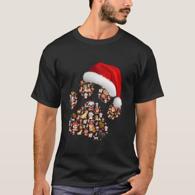 Merry Christmas Dogs Paws Lights Santa hat Puppy X T-Shirt (Front)