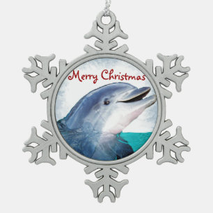 Merry Christmas Dolphin Snowflake Pewter Christmas Ornament
