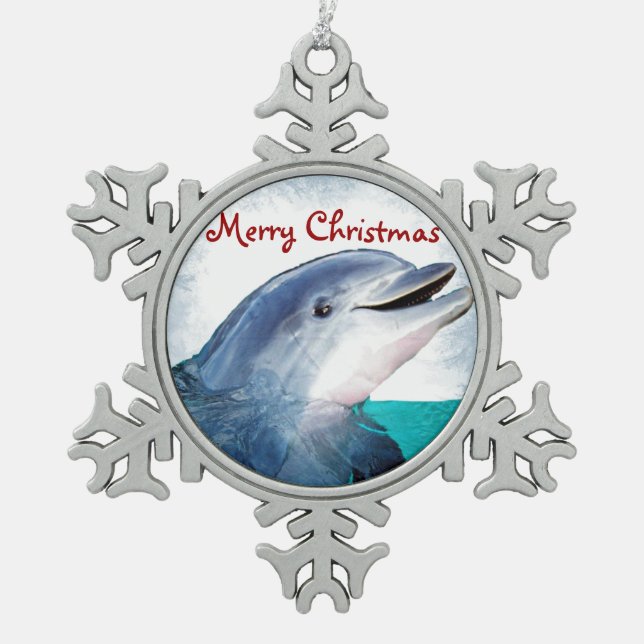Merry Christmas Dolphin Snowflake Pewter Christmas Ornament (Front)
