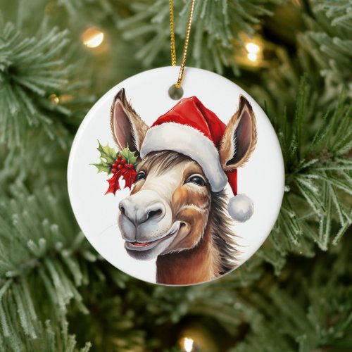 Merry Christmas Donkey in Santa Hat Holly Berries  Ceramic Ornament