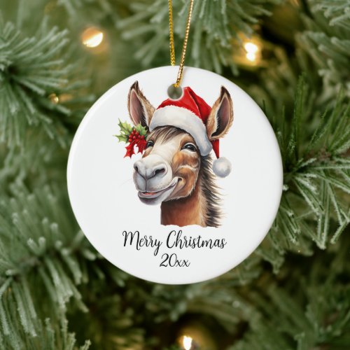Merry Christmas Donkey in Santa Hat Holly Custom Ceramic Ornament
