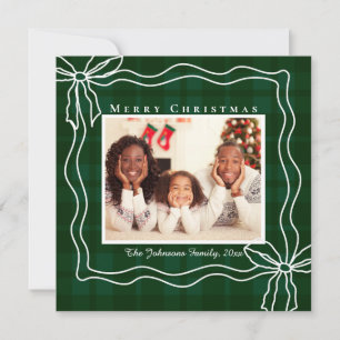 merry christmas doodle bow photo green plaid  holiday card