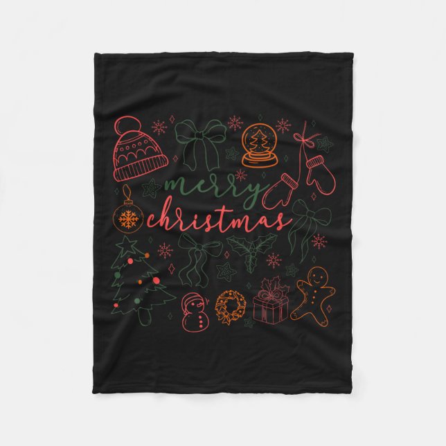 Merry Christmas Doodle Xmas Tree Gingerbread Men W Fleece Blanket (Front)