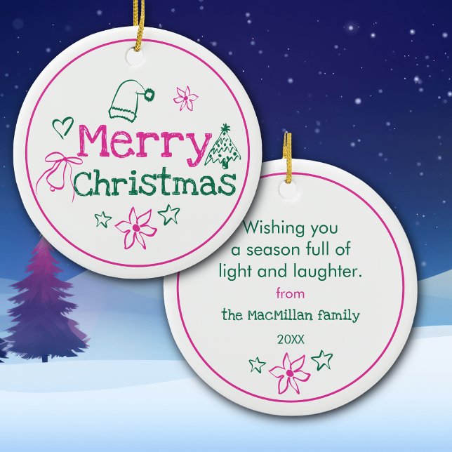 Merry Christmas Doodles Pink & Green Personalized Ceramic Ornament (Creator Uploaded)