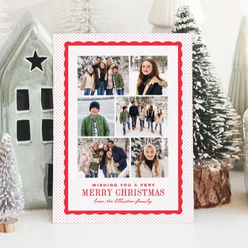 Merry Christmas dots and wavy frame six photo Letterpress Photo Cards