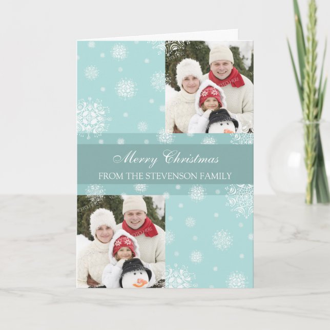 Merry Christmas Double Photo Card Blue Snow (Front)
