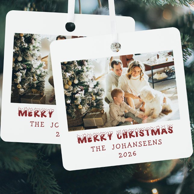 Merry Christmas Double Sided Photo Family Keepsake Metal Ornament (Creator Uploaded)