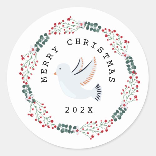 Merry Christmas Dove Modern Botanical Wreath Classic Round Sticker