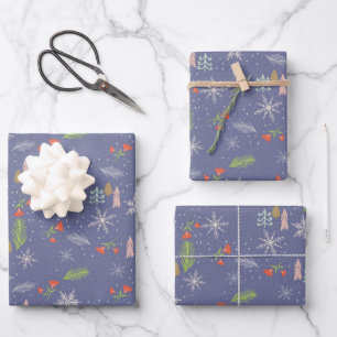 Merry Christmas Drawing Trees Snowflakes Flowers Wrapping Paper Sheets