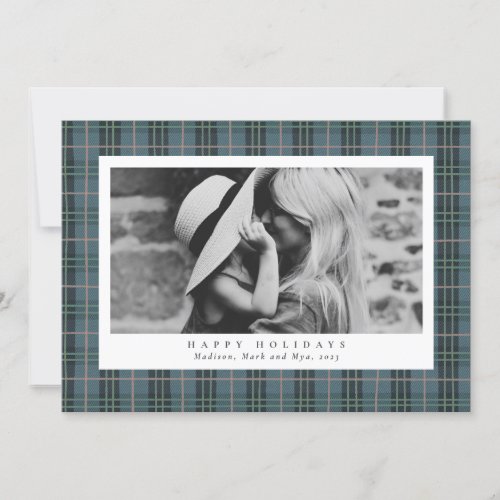 Merry Christmas dusty blue Plaid One Photo Holiday Card