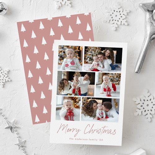 Merry Christmas Dusty Rose Script 6 Photo Collage Holiday Card