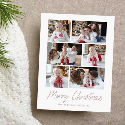 Merry Christmas Dusty Rose Script 6 Photo Collage Holiday Postcard