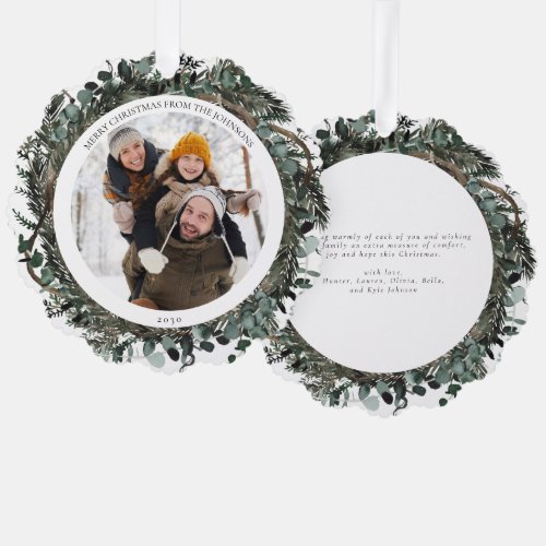 Merry Christmas Dusty Winter Greenery Photo Wreath Ornament Card