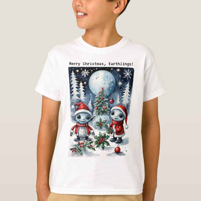 Merry Christmas Eathlings Cute Santa Aliens T-Shirt (Front)