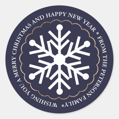 Merry Christmas editable snowflake gold blue Classic Round Sticker