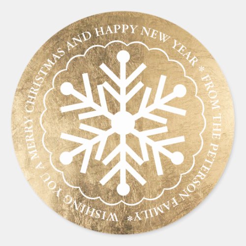 Merry Christmas editable snowflake gold white Classic Round Sticker