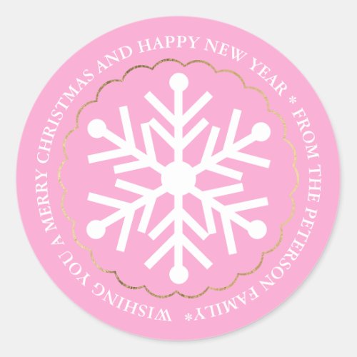 Merry Christmas editable snowflake pink gold Classic Round Sticker