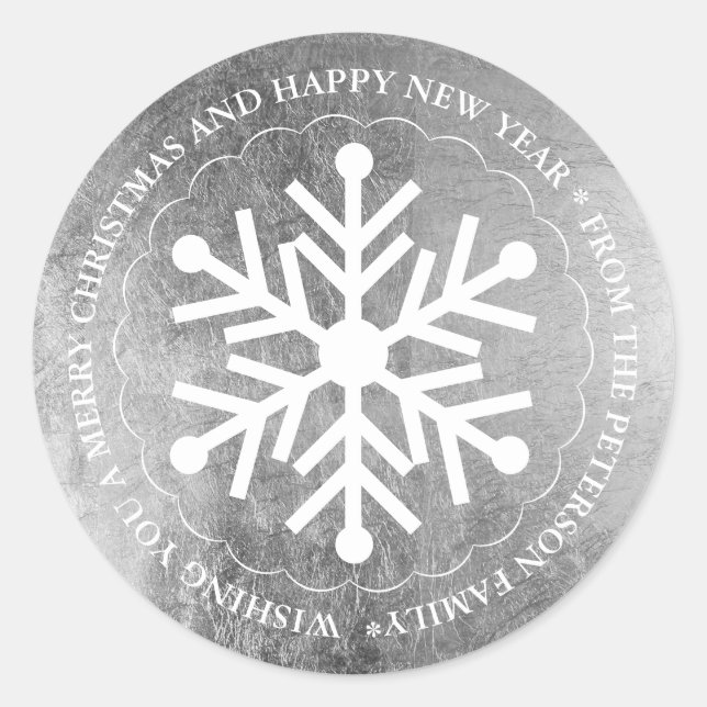 Merry Christmas editable snowflake silver white Classic Round Sticker (Front)