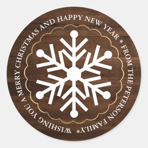 Merry Christmas editable snowflake wood gold Classic Round Sticker