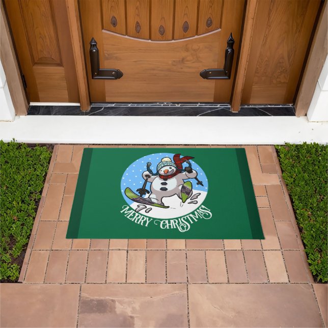 Merry Christmas! Editable Text Skiing Snowman Doormat (Outdoor)