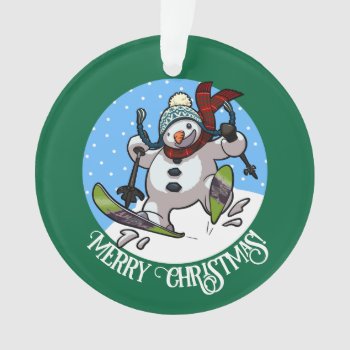 Merry Christmas! Editable Text Skiing Snowman Ornament by NoodleWings at Zazzle