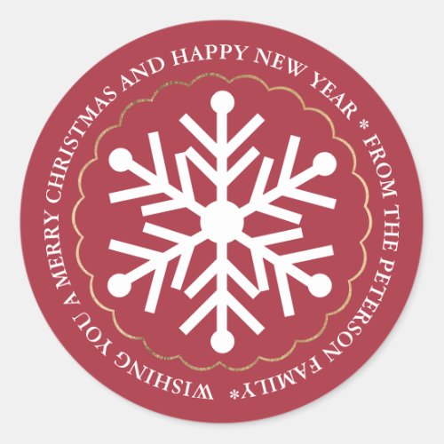 Merry Christmas editable white snowflake gold red  Classic Round Sticker