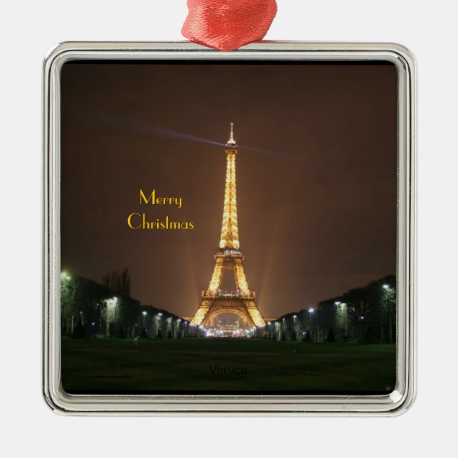 Merry Christmas - Eiffel Tower at night Metal Orna Metal Ornament (Front)