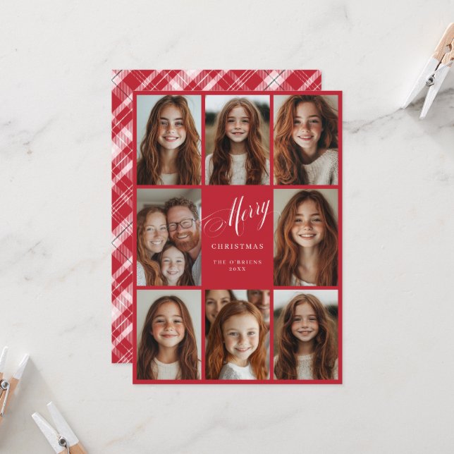 Merry Christmas eight multi photo design red Invitation (Front/Back In Situ)