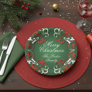 Merry Christmas Elegant Baroque Red Green White  Paper Plates