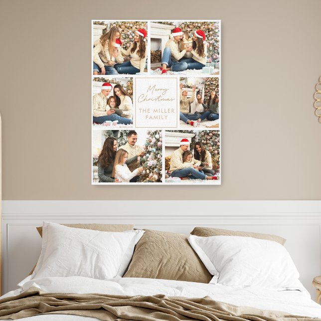 Merry Christmas Elegant Beige Family Photo Collage Canvas Print (Creator Uploaded)