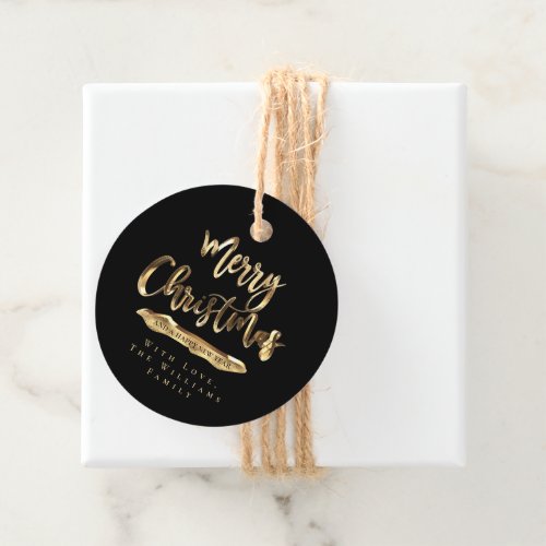 Merry Christmas Elegant Black and Gold Script Favor Tags