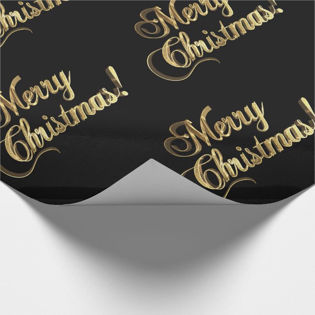 Merry Christmas Elegant Black Faux Gold Foil Text Wrapping Paper (Corner)