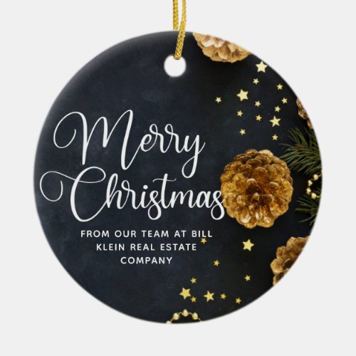 Merry Christmas Elegant Black Gold Custom Company Ceramic Ornament