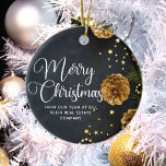 Merry Christmas Elegant Black Gold Custom Company Ceramic Ornament<br><div class="desc">This elegant company Christmas ornament features lovely white cursive typography over a beautiful holiday photograph. The photo features gold beads garland and pine cones next to fir needles on a chic black background. This upscale corporate Christmas gift features your business name on the front and custom company message inside.</div>