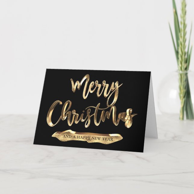 Merry Christmas Elegant Black Gold Script Holiday Card (Front)