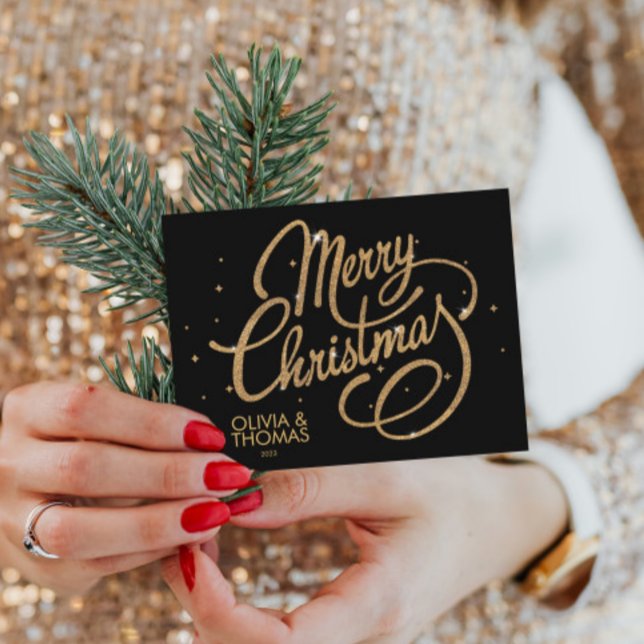 Merry Christmas Elegant Black & Gold Script Holiday Postcard (Merry Christmas Elegant Black & Gold Script Holiday Postcard, Modern Minimalist Christmas Cards)