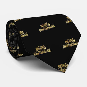 Merry Christmas Elegant Black Gold Star Typography Tie