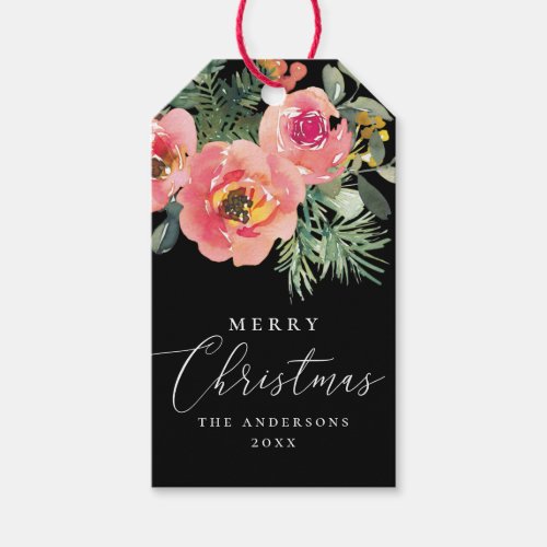 Merry Christmas Elegant black holiday floral pine Gift Tags