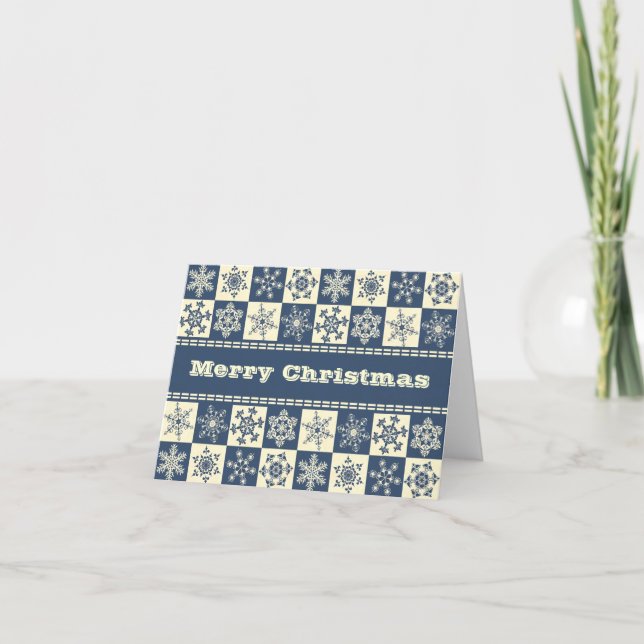 Merry Christmas Elegant Blue and Cream Snowflakes Holiday Card (Front)
