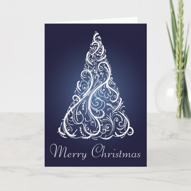 Merry Christmas Elegant Blue Holiday Tree Card (Front)