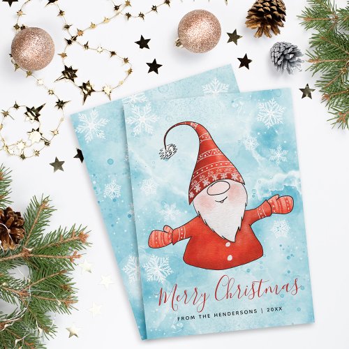 Merry Christmas Elegant Blue Red Cute Gnome Holiday Card