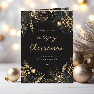 Merry Christmas Elegant Botanical Black Gold Holiday Card