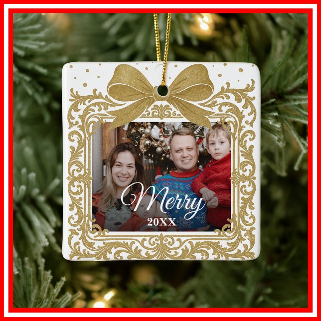  Merry Christmas Elegant Bow Present Photo Collage Ceramic Ornament (Creator Uploaded)