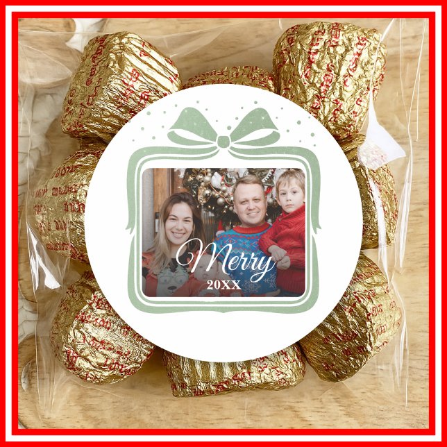  Merry Christmas Elegant Bow Present Photo Collage Classic Round Sticker (Creator Uploaded)