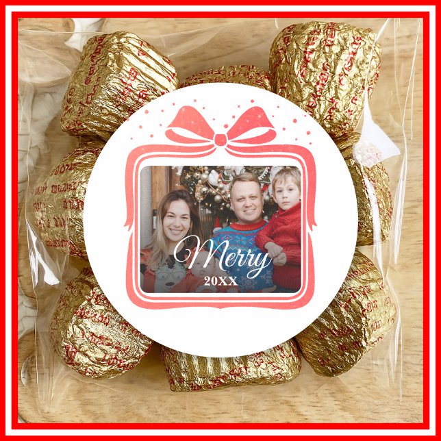  Merry Christmas Elegant Bow Present Photo Collage Classic Round Sticker (Creator Uploaded)