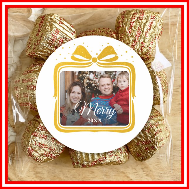  Merry Christmas Elegant Bow Present Photo Collage Classic Round Sticker (Creator Uploaded)
