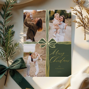 Merry Christmas Elegant Bow Present Photo Collage Foil Holiday Card