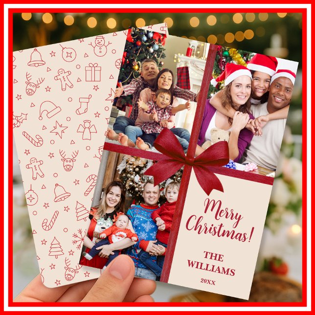 Merry Christmas Elegant Bow Present Photo Collage  Holiday Card (Creator Uploaded)