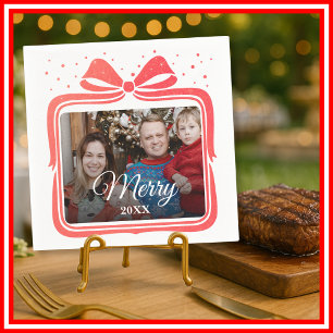 Merry Christmas Elegant Bow Present Photo Collage Napkins