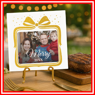 Merry Christmas Elegant Bow Present Photo Collage Napkins